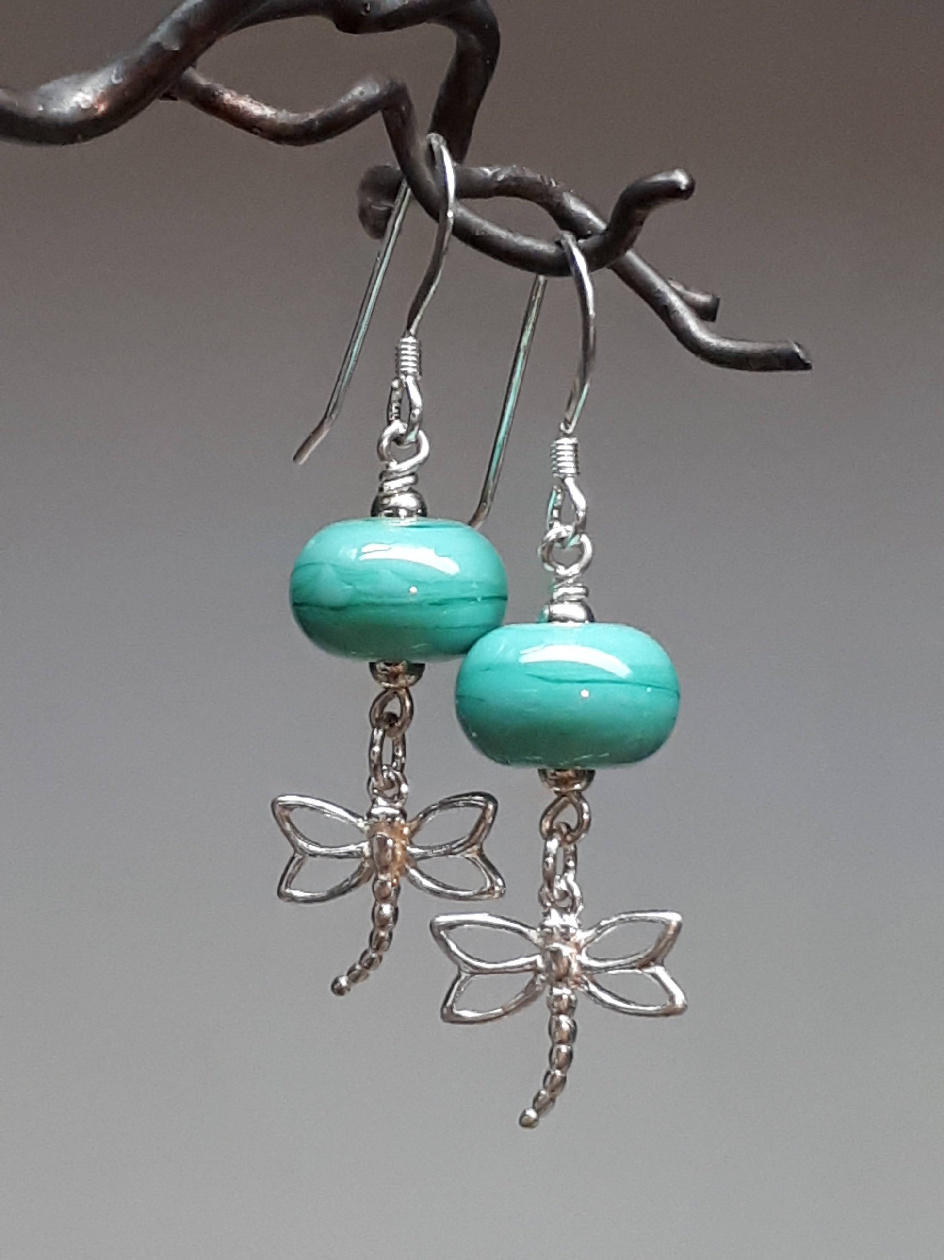 Teal Glass Bead Earrings Silver Dragonflies Made in Canada Hanscomb Glass