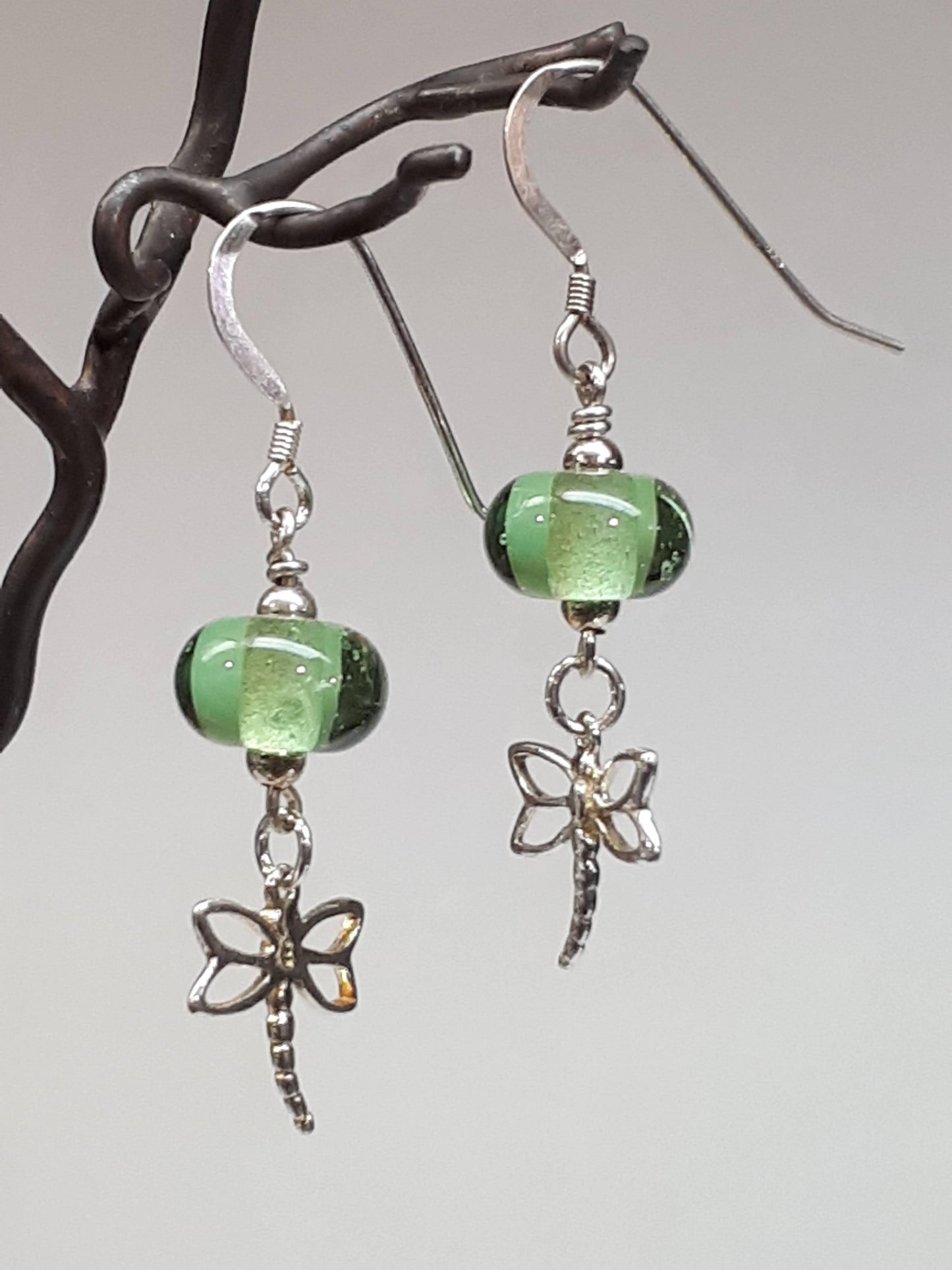 Clear Green Glass Bead Earrings Silver Dragonflies Made in Canada Hanscomb Glass