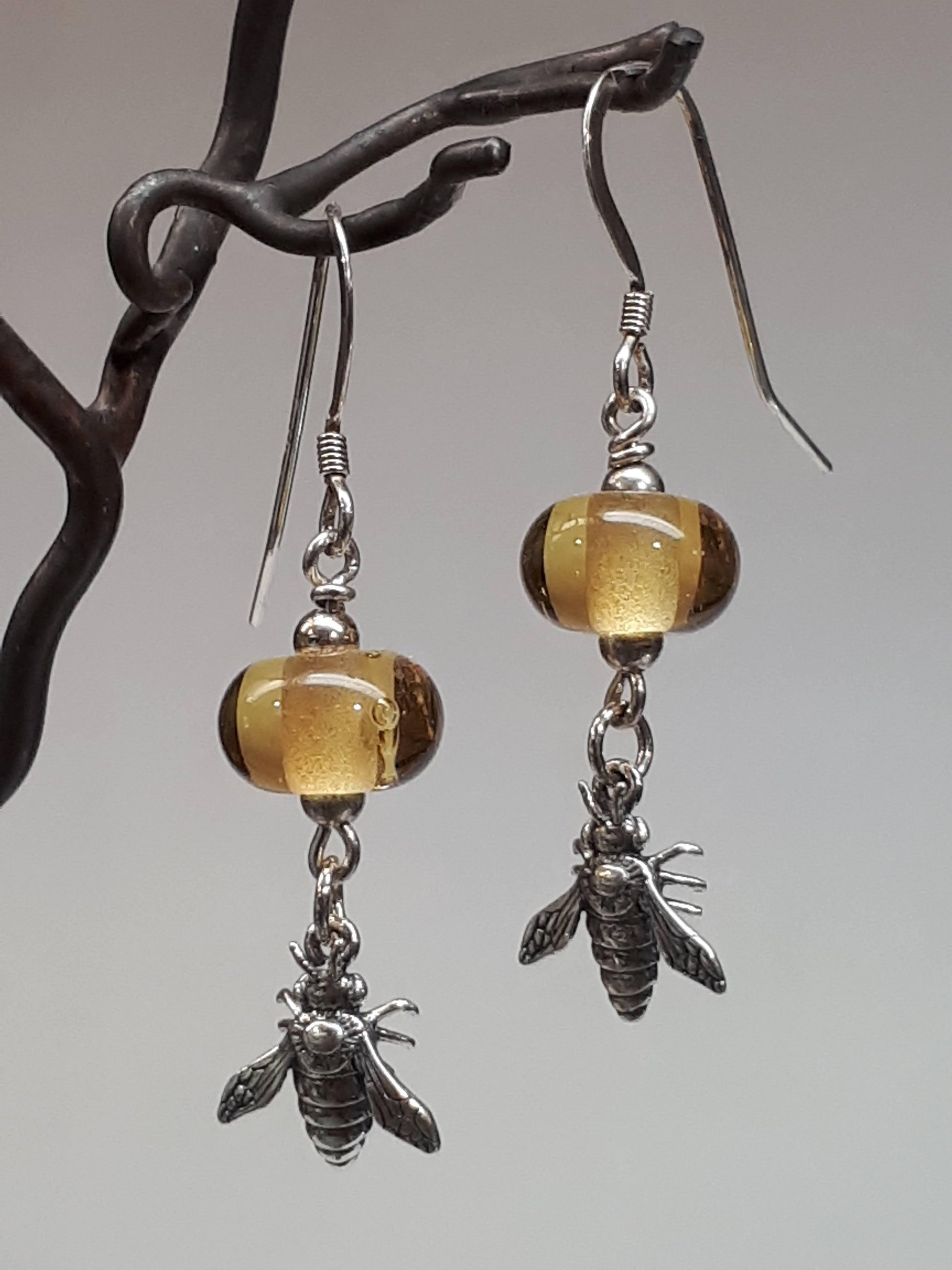 Clear Yellow Glass Bead Earrings Silver Bees Made in Canada Hanscomb Glass