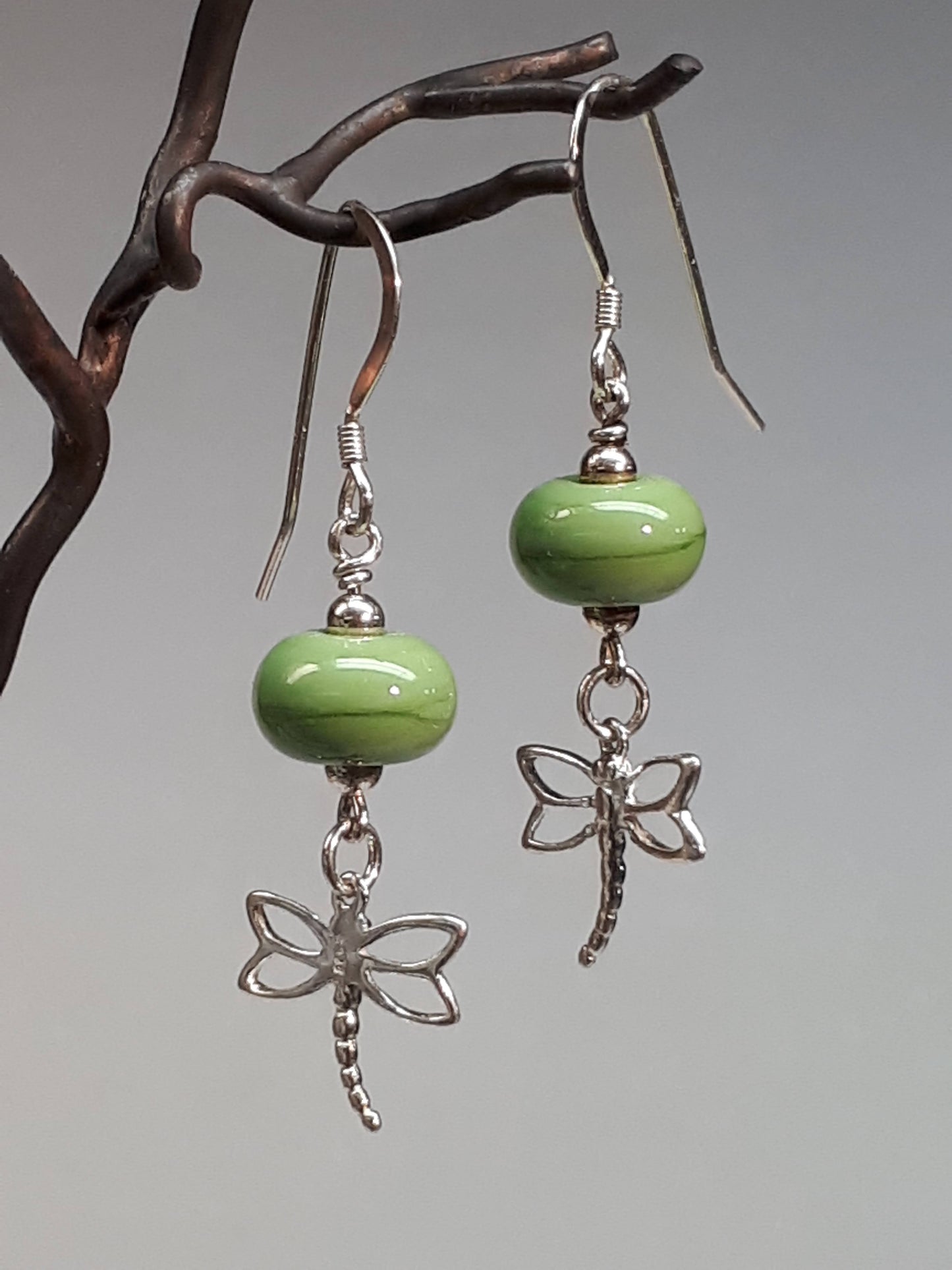 Light Green Glass Bead Earrings Silver Dragonflies Made in Canada