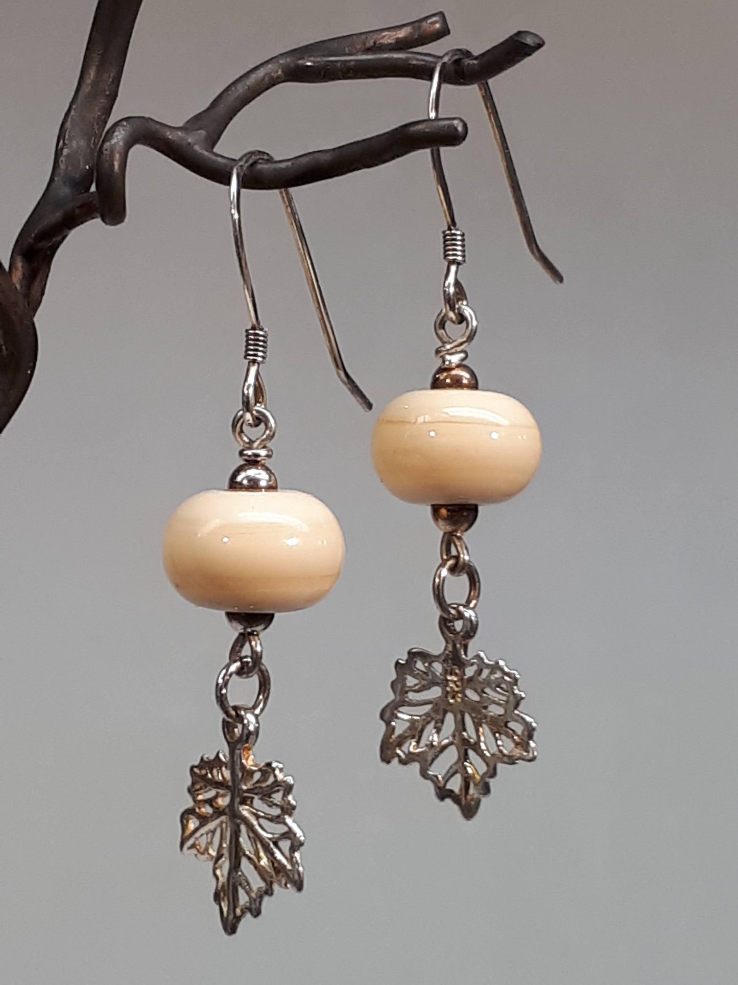 Cream Glass Bead Earrings Silver Leaves Made in Canada