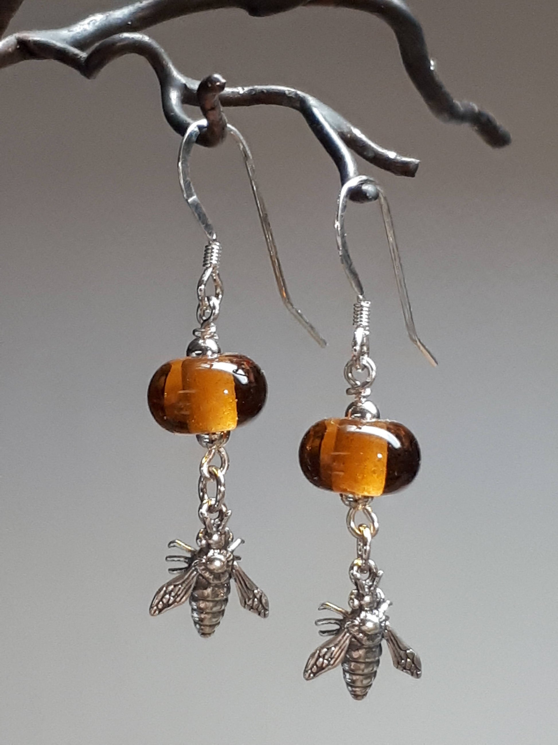 Clear Amber Glass Bead Earrings Silver Bees Made in Canada Hanscomb Glass